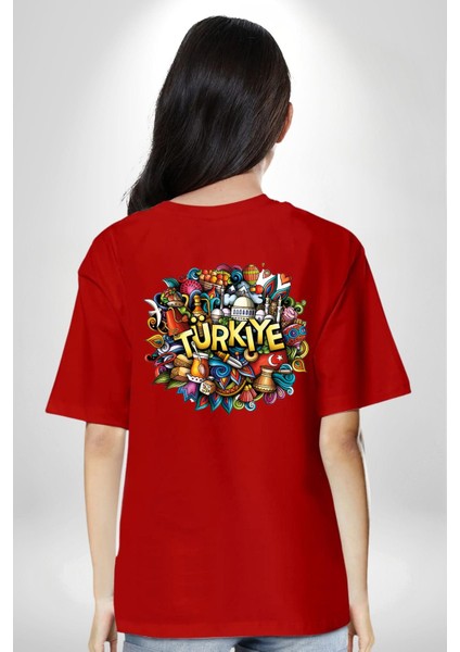 Turkiye Özel Karakterleri Kırmızı Oversize Kadın Erkek Ön ve Sırt Baskılı T-Shirt