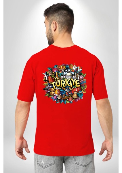 Turkiye Özel Karakterleri Kırmızı Oversize Kadın Erkek Ön ve Sırt Baskılı T-Shirt