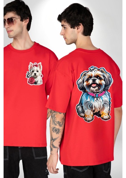 Shih Tzu Renkli Köpek Kırmızı Oversize Kadın Erkek Ön ve Sırt Baskılı T-Shirt