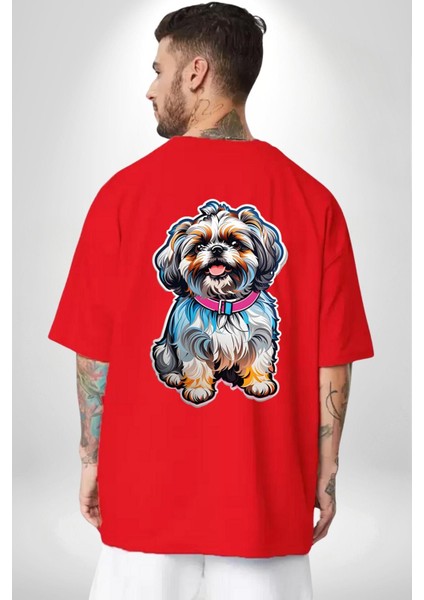 Shih Tzu Renkli Köpek Kırmızı Oversize Kadın Erkek Ön ve Sırt Baskılı T-Shirt fiyatları