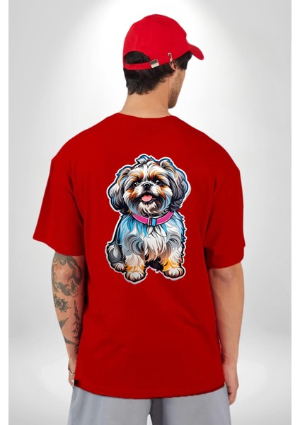 Shih Tzu Renkli Köpek Kırmızı Oversize Kadın Erkek Ön ve Sırt Baskılı T-Shirt fırsatları
