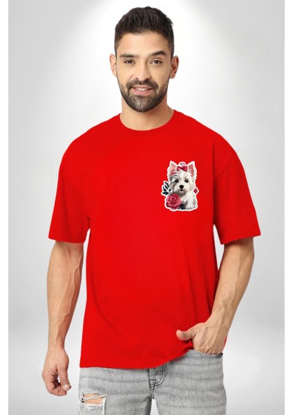 Shih Tzu Renkli Köpek Kırmızı Oversize Kadın Erkek Ön ve Sırt Baskılı T-Shirt indirimleri