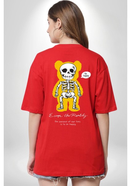 Mutlu Ol Kırmızı Oversize Kadın Erkek Ön ve Sırt Baskılı T-Shirt