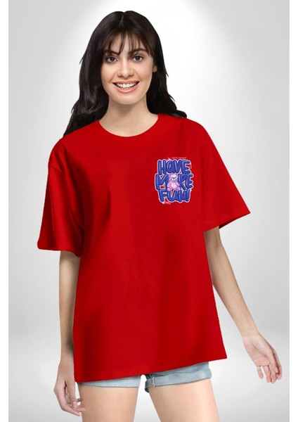 Mutlu Ol Kırmızı Oversize Kadın Erkek Ön ve Sırt Baskılı T-Shirt