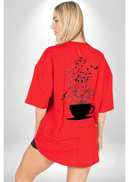 Kahve Müzik Nota Kırmızı Oversize Kadın Erkek Ön ve Sırt Baskılı T-Shirt fiyatları