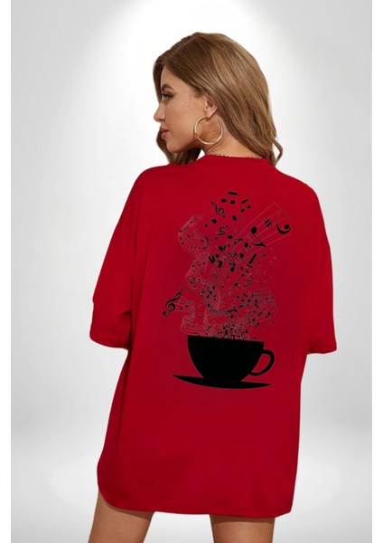 Kahve Müzik Nota Kırmızı Oversize Kadın Erkek Ön ve Sırt Baskılı T-Shirt fırsatları
