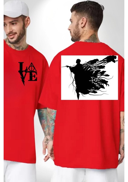 Ruh Emici Harry Potter Kırmızı Oversize Kadın Erkek Ön ve Sırt Baskılı T-Shirt