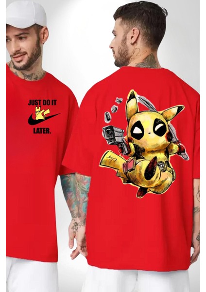 Pikachu Deadpool Tasarımı Kırmızı Oversize Kadın Erkek Ön ve Sırt Baskılı T-Shirt