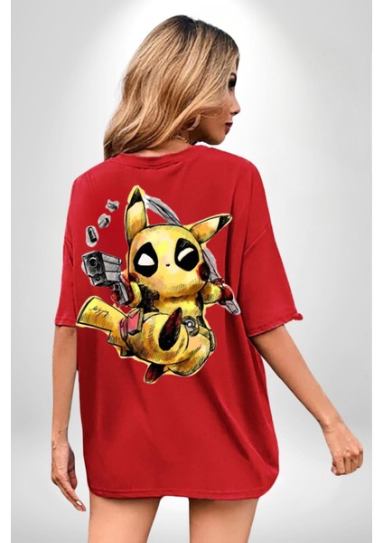Pikachu Deadpool Tasarımı Kırmızı Oversize Kadın Erkek Ön ve Sırt Baskılı T-Shirt