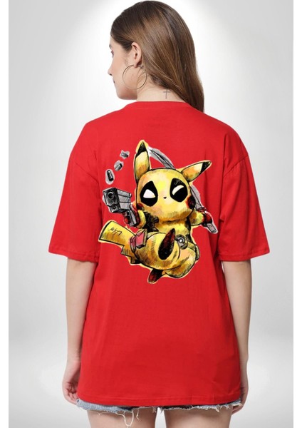Pikachu Deadpool Tasarımı Kırmızı Oversize Kadın Erkek Ön ve Sırt Baskılı T-Shirt