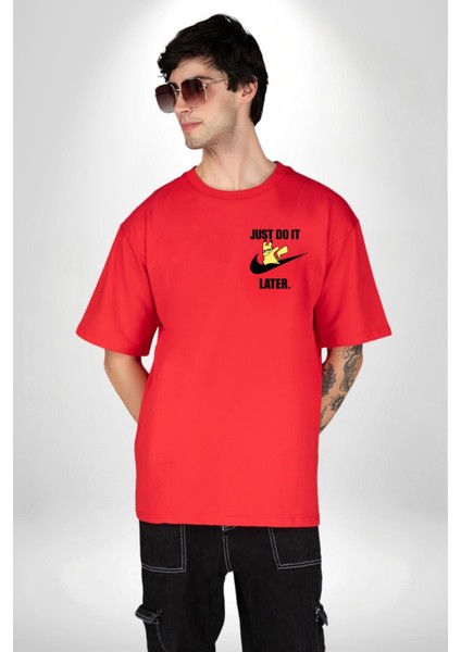 Pikachu Deadpool Tasarımı Kırmızı Oversize Kadın Erkek Ön ve Sırt Baskılı T-Shirt