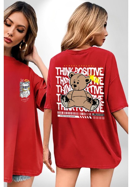 Positive Düşünce Kırmızı Oversize Kadın Erkek Ön ve Sırt Baskılı T-Shirt