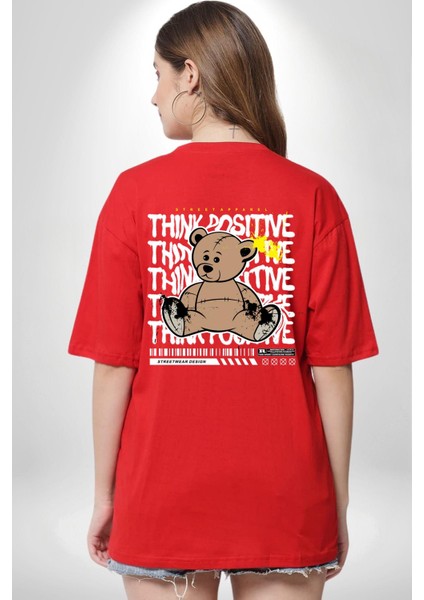 Positive Düşünce Kırmızı Oversize Kadın Erkek Ön ve Sırt Baskılı T-Shirt