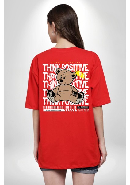 Positive Düşünce Kırmızı Oversize Kadın Erkek Ön ve Sırt Baskılı T-Shirt