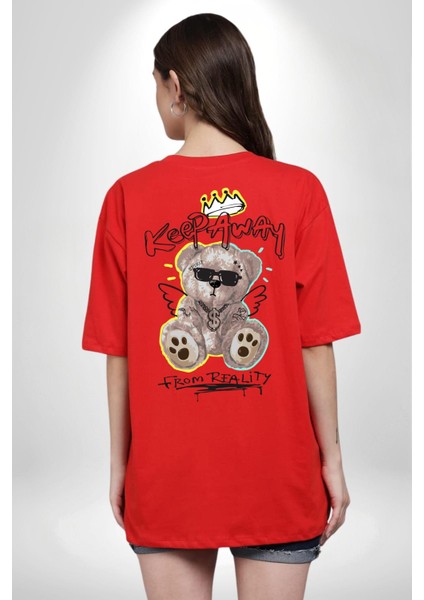 Gerçeklikten Uzak Tutun Kırmızı Oversize Kadın Erkek Ön ve Sırt Baskılı T-Shirt