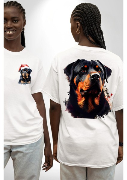 Sulu Boya Rottweiler Beyaz Oversize Kadın Erkek Ön ve Sırt Baskılı T-Shirt