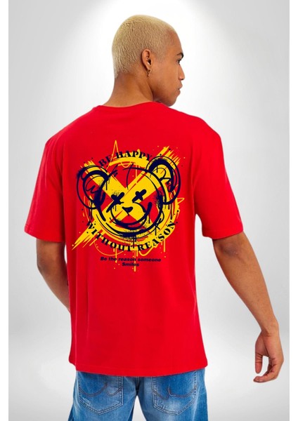 Sebep Olmadan Mutlu Ol Kırmızı Oversize Kadın Erkek Ön ve Sırt Baskılı T-Shirt fiyatları