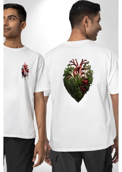 Doğanın Kalbi Yeşillikler Kalp Beyaz Oversize Kadın Erkek Ön ve Sırt Baskılı T-Shirt