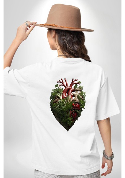 Doğanın Kalbi Yeşillikler Kalp Beyaz Oversize Kadın Erkek Ön ve Sırt Baskılı T-Shirt fiyatları