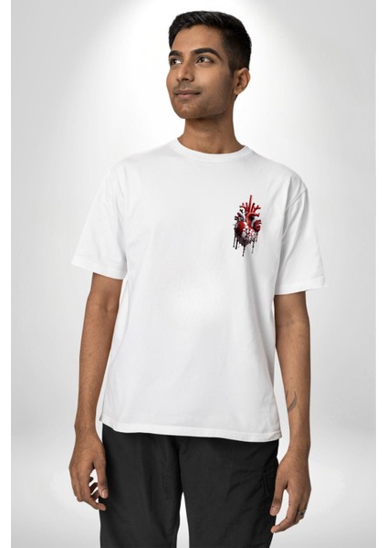Doğanın Kalbi Yeşillikler Kalp Beyaz Oversize Kadın Erkek Ön ve Sırt Baskılı T-Shirt modelleri