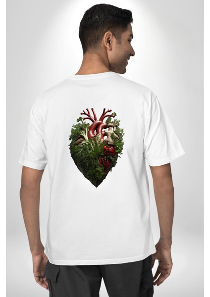Doğanın Kalbi Yeşillikler Kalp Beyaz Oversize Kadın Erkek Ön ve Sırt Baskılı T-Shirt fırsatları