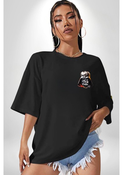 Darth Vader Star Wars Araba Motoru Güçlendir Siyah Oversize Kadın Erkek Ön ve Sırt Baskılı T-Shirt