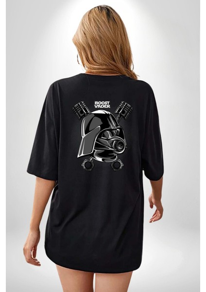 Darth Vader Star Wars Araba Motoru Güçlendir Siyah Oversize Kadın Erkek Ön ve Sırt Baskılı T-Shirt