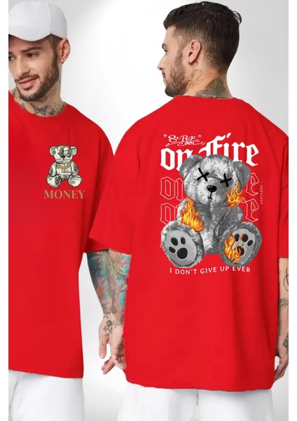 Ateşli Teddy Kırmızı Oversize Kadın Erkek Ön ve Sırt Baskılı T-Shirt