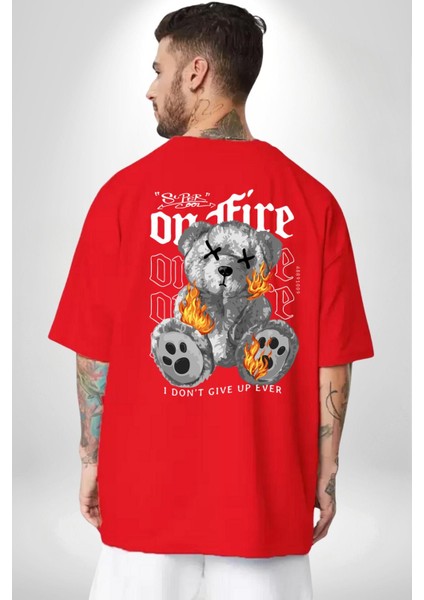 Ateşli Teddy Kırmızı Oversize Kadın Erkek Ön ve Sırt Baskılı T-Shirt