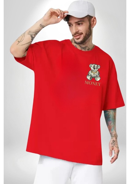 Ateşli Teddy Kırmızı Oversize Kadın Erkek Ön ve Sırt Baskılı T-Shirt