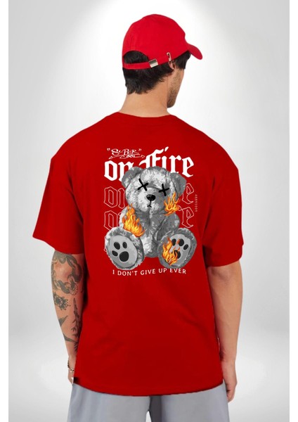 Ateşli Teddy Kırmızı Oversize Kadın Erkek Ön ve Sırt Baskılı T-Shirt