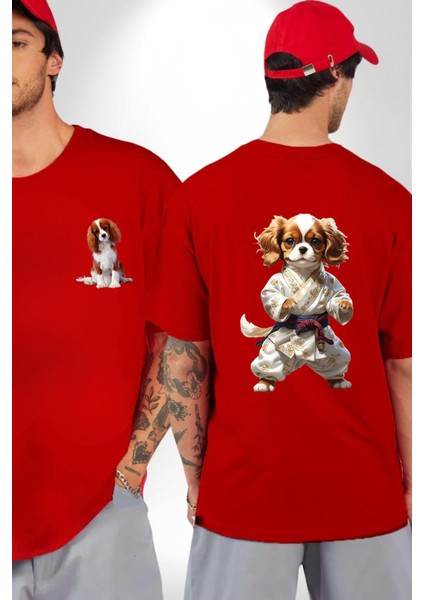Cavailer King Charles Spaniel Karate Kırmızı Oversize Kadın Erkek Ön ve Sırt Baskılı T-Shirt