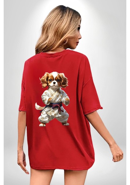 Cavailer King Charles Spaniel Karate Kırmızı Oversize Kadın Erkek Ön ve Sırt Baskılı T-Shirt
