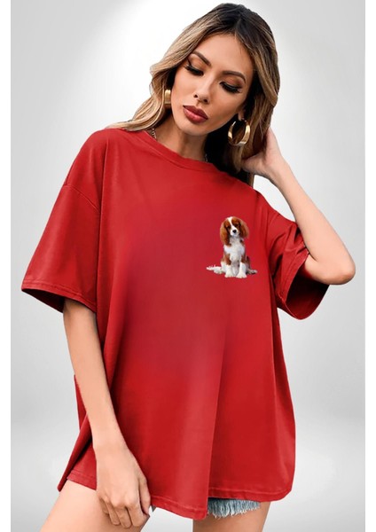 Cavailer King Charles Spaniel Karate Kırmızı Oversize Kadın Erkek Ön ve Sırt Baskılı T-Shirt