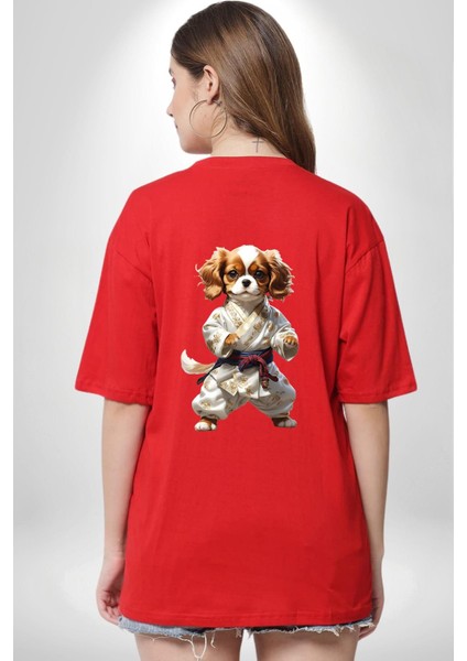 Cavailer King Charles Spaniel Karate Kırmızı Oversize Kadın Erkek Ön ve Sırt Baskılı T-Shirt