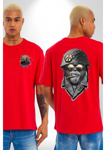 Asker Goril Komutan Kırmızı Oversize Kadın Erkek Ön ve Sırt Baskılı T-Shirt