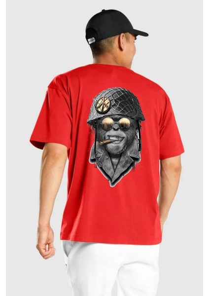 Asker Goril Komutan Kırmızı Oversize Kadın Erkek Ön ve Sırt Baskılı T-Shirt