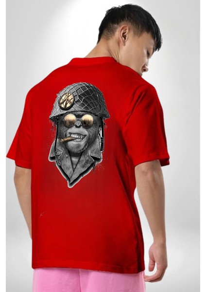 Asker Goril Komutan Kırmızı Oversize Kadın Erkek Ön ve Sırt Baskılı T-Shirt