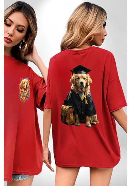 Okula Giden Öğrenci Golden Kırmızı Oversize Kadın Erkek Ön ve Sırt Baskılı T-Shirt