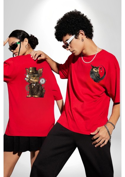Iş Insanı Yorkshire Zamanda Yolculuk Kırmızı Oversize Kadın Erkek Ön ve Sırt Baskılı T-Shirt