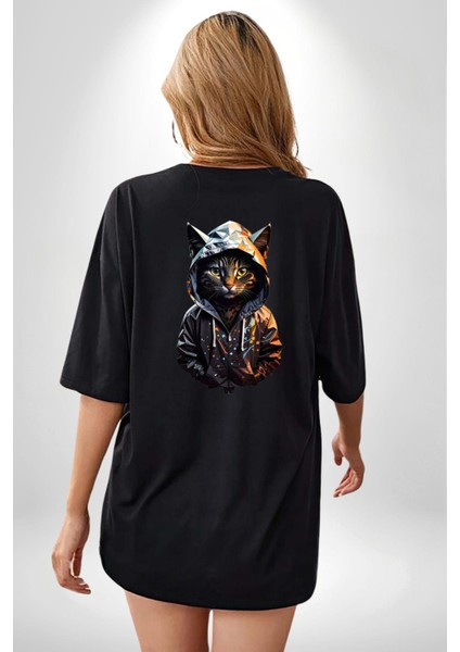 Hip Hop Gençlik Kedi Çeket Siyah Oversize Kadın Erkek Ön ve Sırt Baskılı T-Shirt modelleri