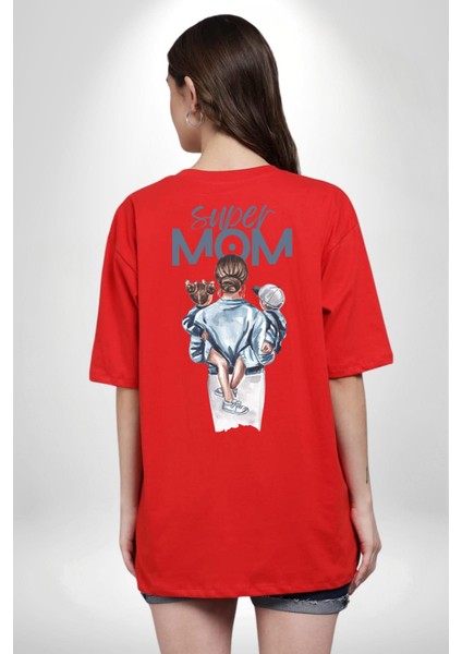 Süper Anne Anneler Günü Doğum Hediyesi Kırmızı Oversize Kadın Erkek Ön ve Sırt Baskılı T-Shirt fırsatları