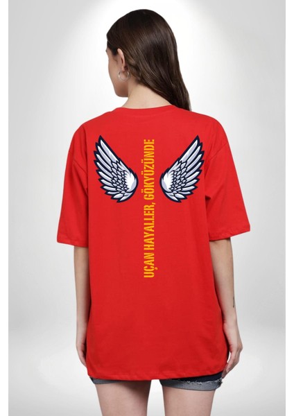 Uçan Hayaller Gökyüzünde Melek Kanatları Kırmızı Oversize Kadın Erkek Ön ve Sırt Baskılı T-Shirt fiyatları