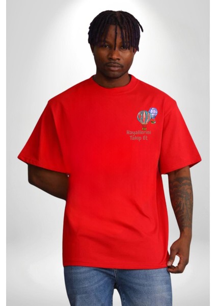 Uçan Hayaller Gökyüzünde Melek Kanatları Kırmızı Oversize Kadın Erkek Ön ve Sırt Baskılı T-Shirt indirimleri