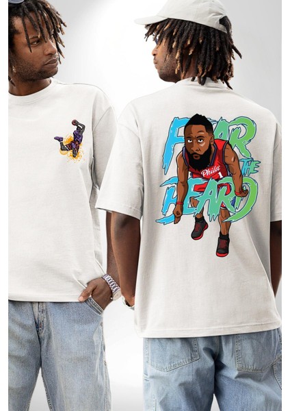 Sakaldan Korkmak Yazılı Basketbol James Harden Star Beyaz Oversize Kadın Erkek Ön ve Sırt Baskılı T-Shirt