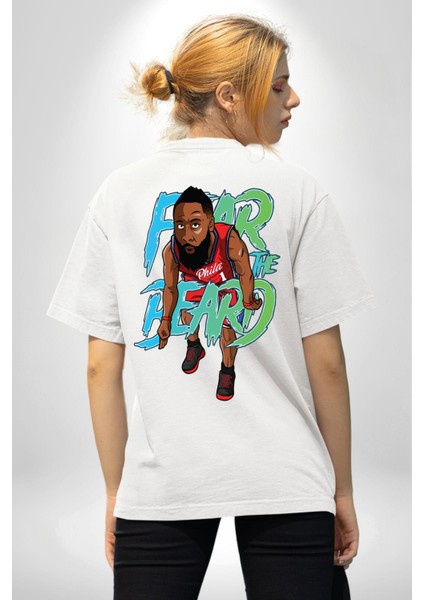 Sakaldan Korkmak Yazılı Basketbol James Harden Star Beyaz Oversize Kadın Erkek Ön ve Sırt Baskılı T-Shirt fiyatları