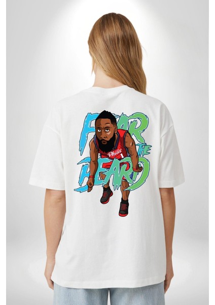 Sakaldan Korkmak Yazılı Basketbol James Harden Star Beyaz Oversize Kadın Erkek Ön ve Sırt Baskılı T-Shirt fırsatları