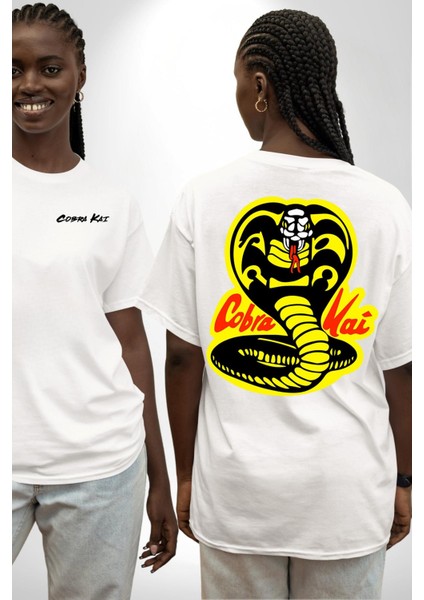 Cobra Kai Karete Çocuk Yılan Logo Dizi Beyaz Oversize Kadın Erkek Ön ve Sırt Baskılı T-Shirt