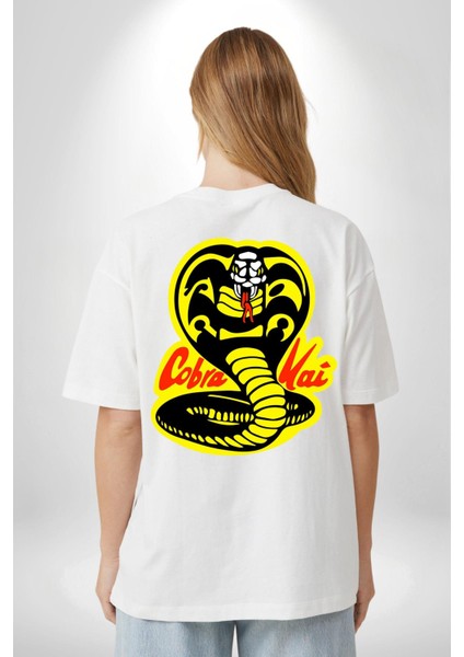 Cobra Kai Karete Çocuk Yılan Logo Dizi Beyaz Oversize Kadın Erkek Ön ve Sırt Baskılı T-Shirt fiyatları