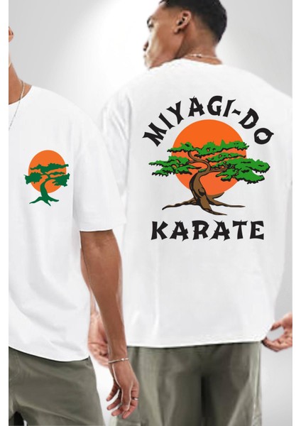 Miyagi-Do Karete Çocuk Logo Dizi Bonzai Ağaç Beyaz Oversize Kadın Erkek Ön ve Sırt Baskılı T-Shirt